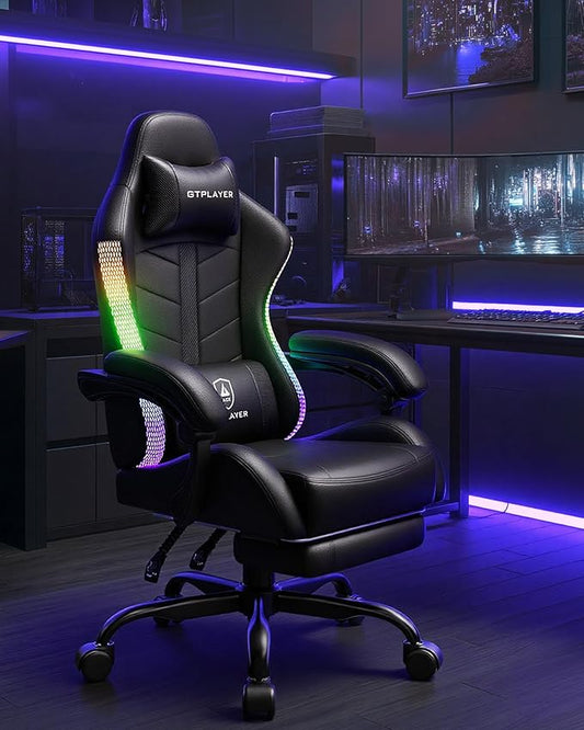 GTPLAYER RGB Gaming Chair with Footrest, Computer Gaming Chair with LED Lights for Adults, Height Adjustable PC Gamer Chair with 90-155° Recline & Removable Headrest Lumbar Support, RGB Black