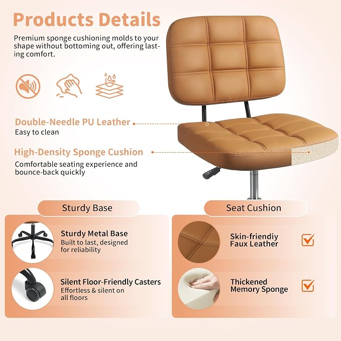 Armless Home Office Desk Chair - Small Swivel Office Desk Chairs with Rolling Wheels - Height Adjustable PU Leather Computer Chair with Comfy Low Back - For Small Space, Bedroom, Home, Vanity- Brown
