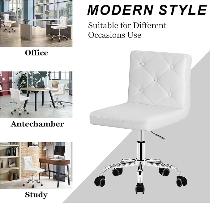 VECELO PU Leather Mid-Back Armless Vanity Chair Adjustable Height 360° Rolling Swivel for Home Office Work, White