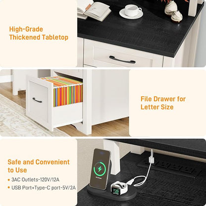Vabches 47" Farmhouse Executive Desk with Monitor Stand & File Cabinet,3 Drawers Computer Desk with LED Lights and Power Outlets,Workstation for Home Office, Study,Writing,Black