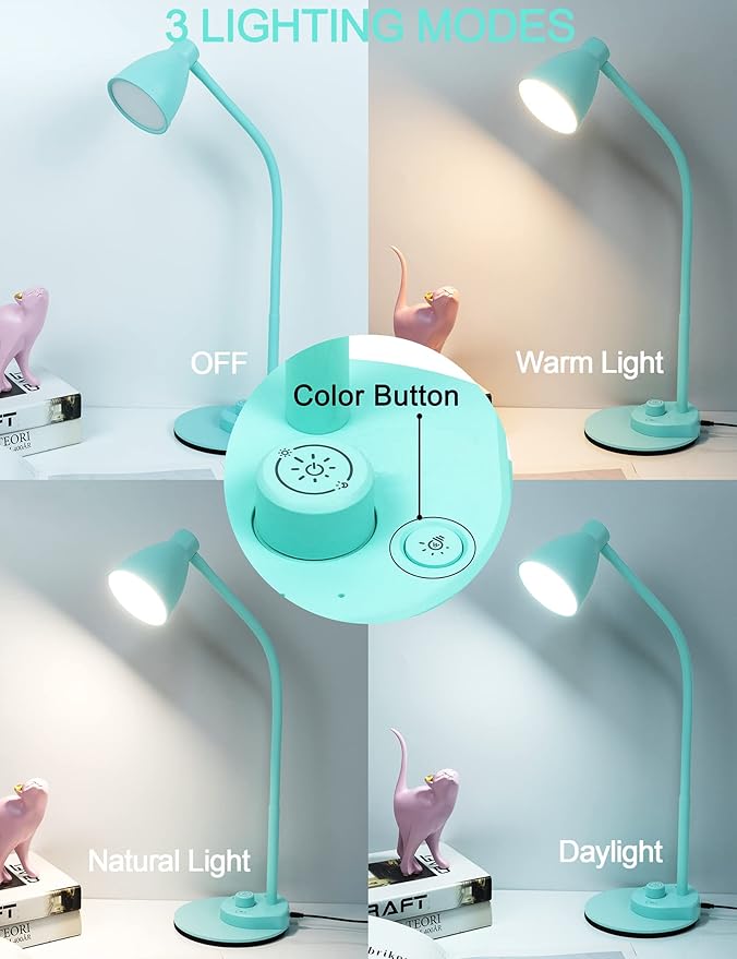 BOHON LED Desk Lamp with USB Charging Port, 3 Color Modes Dimmable, Teal | Reading Lamp, Auto Dimming Task Lamp, Flexible Neck Table Light for Office Dorm Bedside, Adapter Include