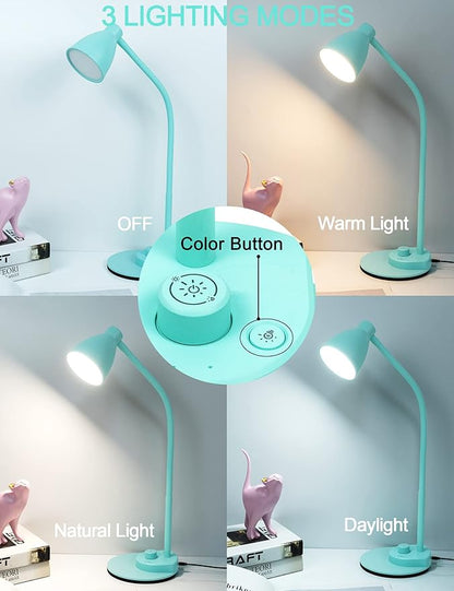 BOHON LED Desk Lamp with USB Charging Port, 3 Color Modes Dimmable, Teal | Reading Lamp, Auto Dimming Task Lamp, Flexible Neck Table Light for Office Dorm Bedside, Adapter Include