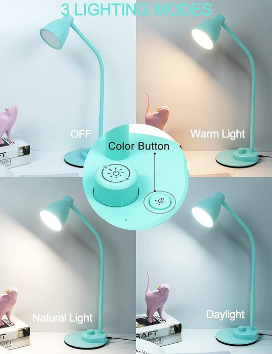 BOHON LED Desk Lamp with USB Charging Port, 3 Color Modes Dimmable, Teal | Reading Lamp, Auto Dimming Task Lamp, Flexible Neck Table Light for Office Dorm Bedside, Adapter Include