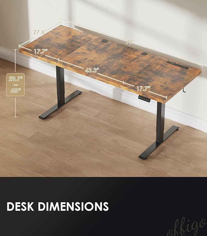 OffiGo 79 Inch Executive Electric Standing Desk, Height Adjustable Desk with Power Outlet & 1.38" Thick 3-Piece Desktop, Sit Stand Computer Desk for Home, Office, Conference Room, Rustic Brown