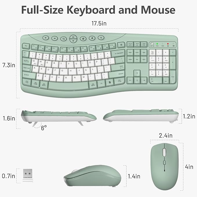 Wireless Keyboard and Mouse Combo, 2.4G Full Size Quiet Ergonomic Curved Keyboard for Natural Typing, 3-Level DPI Adjustable Silent Mouse for Windows, Mac OS, Desktop/Office and Home (Avocado Green-B)