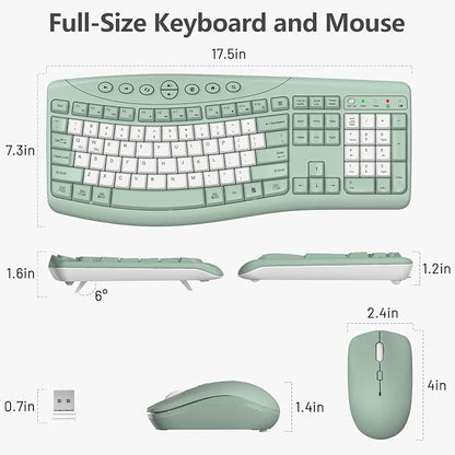 Wireless Keyboard and Mouse Combo, 2.4G Full Size Quiet Ergonomic Curved Keyboard for Natural Typing, 3-Level DPI Adjustable Silent Mouse for Windows, Mac OS, Desktop/Office and Home (Avocado Green-B)