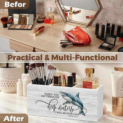 Christian Shark Pencil Pen Holder for Desk Organizer, Christian Gifts for Women Men, Coastal Beach Shark Bible Verse Wooden Box Decorations for Home Office Bedroom Desk Tabletop Decor