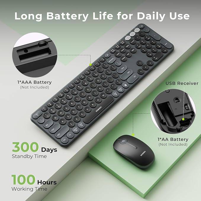 seenda Wireless Bluetooth Keyboard Mouse Combo, COE202 Retro Cute Round Keyboard, Silent Mouse, 3 Multi-Device Connection, Full Size Compatible for PC/Laptop/Mac/MacBook/iPad/Tablet, Black