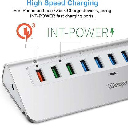 Powered USB Hub 10Gbps, 10 Port USB 3.2 Gen 2 Hub with 7 USB 3.2 Data Ports, 3 Fast Charging Ports, 36W Power Adapter, Type A and Type C Cable, Aluminum USB Hub for Laptop, Mac, PC
