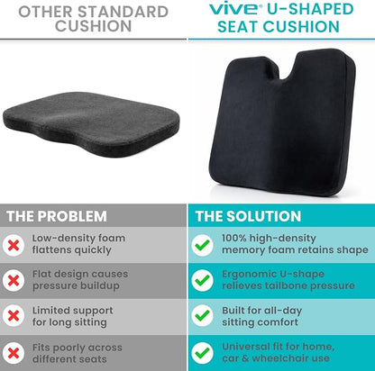 Vive Tailbone Cushion, Memory Foam Seat for Pain Relief, Sciatica, Coccyx & Back Support for Office Chair, Car, Wheelchair & Airplane, Water-Resistant Cover, 2-Layer Foam Comfort, Wheelchair (Black)