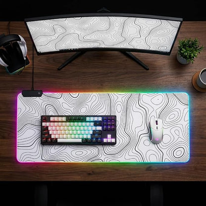 RGB Mouse Pad LED Desk Mat Large Gaming Mousepad White with Black Topographic Line Design, Keyboard Pad XL Mouse Mat for Home and Office(White with Black Topographic Line)