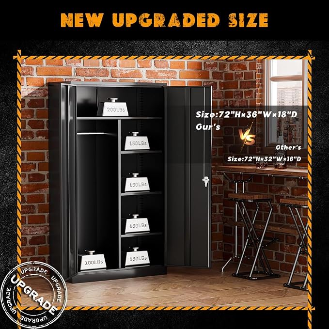 Greenvelly Metal Storage Wardrobe with Lock Door, 72" Steel Storage Wardrobe Cabinet,Employees Locker Closet Clothing Coat Steel Wardrobe Cabinet with Hanging Rod for Garage,Home, Office,Gym
