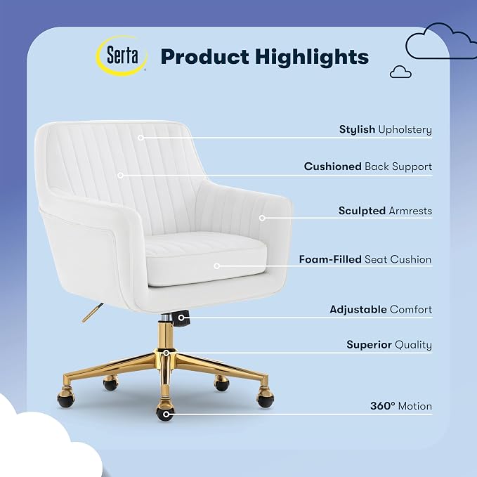 Serta Ashleigh Modern Office Chair, Channel-Tufted Design, Pocket Coil Seat Cushion, Stylish Mid-Century Accent Armchair, Women's Vanity or MakeupChair, Polished Gold Swivel Base, White Velvet Fabric