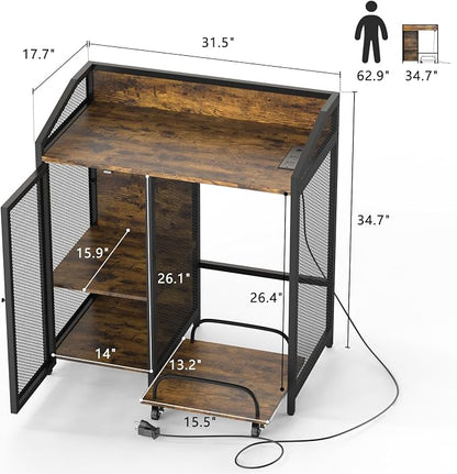 Printer Stand with Charging Station, Mobile Shredder Stand – 3 Tier Lateral Printer Table with Open Storage Shelves- Printer Cabinet for Office Home Use with Adjustable Shelves and Mesh Door