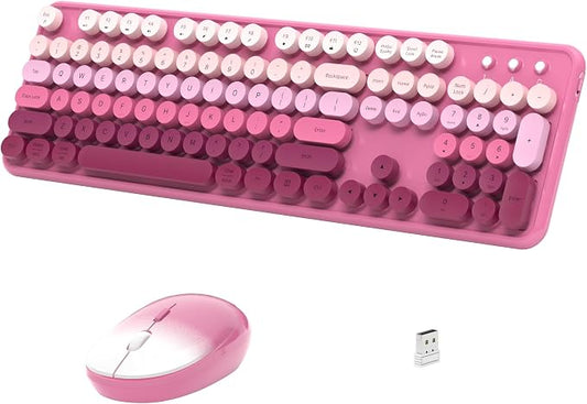 Links9+ Wireless Keyboard and Mouse, Full-Size Retro Typewriter Keyboard with Round Keycaps, 2.4GHz for Windows, Mac, Laptop, PC, Desktop (Dark Pink Gradient)
