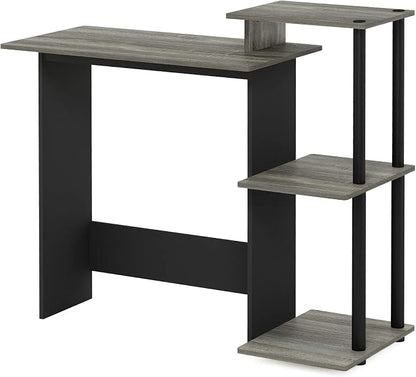 Furinno Efficient 29-Inch Grey Computer Desk with Side Shelves, Gaming Desk with 3 Open Shelves, Home Office Desk, for Home Office, Study Room, Dorm, Bedroom, Grey Oak/Black