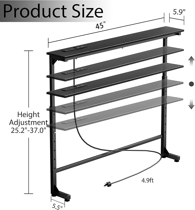 Keelian 45 inch Narrow Console Table with Outlet,Adjustable Height(25"-37") Behind Sofa Table,Couch Behind Table Skinny,Couch Shelf with Charging Station,Long Entryway Tables for Living Room,Black