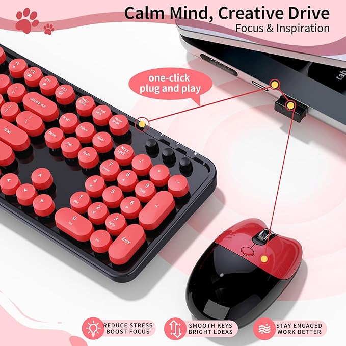 Wireless Keyboard and Mouse, 104 Round Keycaps Retro Typewriter with OTG & Brush, Full-Size Ergonomic, Ideal for Windows PC, Home, Office and College Black Red