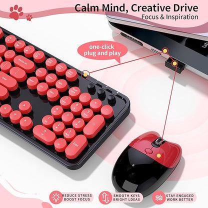 Wireless Keyboard and Mouse, 104 Round Keycaps Retro Typewriter with OTG & Brush, Full-Size Ergonomic, Ideal for Windows PC, Home, Office and College Black Red