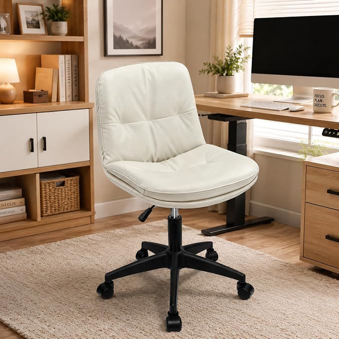 Vanity Chair with Back, PU Leather Swivel Office Desk Chair, Height Adjustable Armless Chair for Small Spaces, Bedroom, Vanity, Home Office Beige