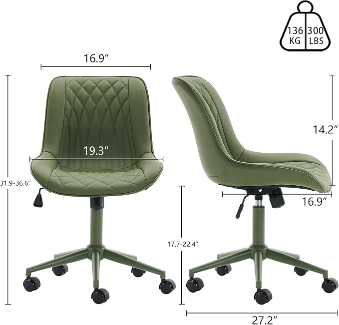 YOUNIKE Olive Green Faux Leather Ergonomic Office Chair Armless Comfy Desk Chair with Rocking Back Cute Swivel Vanity Chair with Wheels Height Adjustable Small Computer Task Chair for Sewing Drafting
