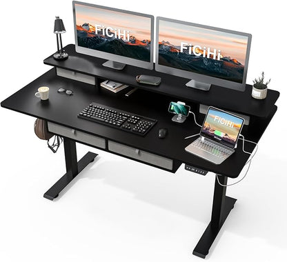 FiCiHi Adjustable Height Standing Desk with 4 Drawers,55 x 30 inches Electric Sit Stand Desk for Home Office,3 Memory Presets,Monitor Stand Riser,USB A/C Charging Port