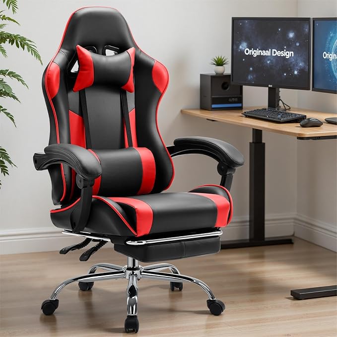 Sweetcrispy Computer Gaming Chair: Ergonomic High Back PU Leather Video Game Chair with Adjustable Headrest & Lumbar Support, Footrest, Racing for Office and Home, Red