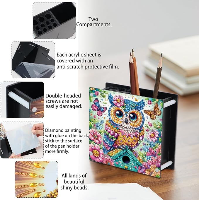 DIY Diamond Painting Kit，Animal Owl Special Shape diamond painting pen holder, Acrylic Daily Office Desktop Decoration Storage Item