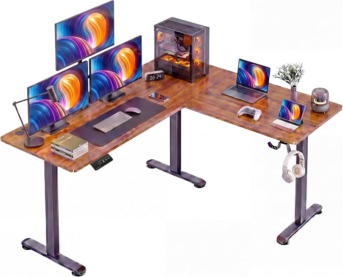 63” L Shaped Standing Desk,Electric Height Adjustable Corner Stand Up Desk, Ergonomic Sit Stand Home Office Computer Desk with Splice Board (Brown)