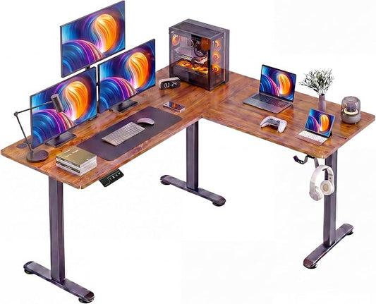 63” L Shaped Standing Desk,Electric Height Adjustable Corner Stand Up Desk, Ergonomic Sit Stand Home Office Computer Desk with Splice Board (Brown)