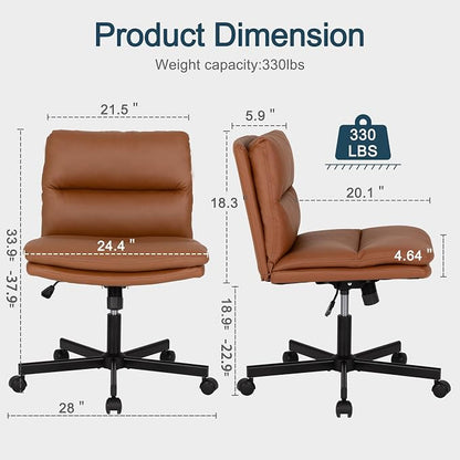 Okeysen Criss Cross Chair with Wheels,Wide Seat Cross Legged Comfy Office Desk Chair, PU Leather Armless Swivel Computer Task Chairs for Home, Office, Vanity, Brown