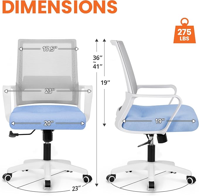 NEO CHAIR Office Chair Gaming Desk Computer Chair Ergonomic Mesh Mid Back with Wheels Lumbar Support Comfy Swivel Adjustable for Home (Sky Blue)