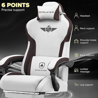 GTPLAYER Gaming Chair, Computer Office Chair Lumbar Support, Linkage Armrests and Footrest, Ergonomic Game Chair for Adults with Extended Backrest, Fabric, Brown