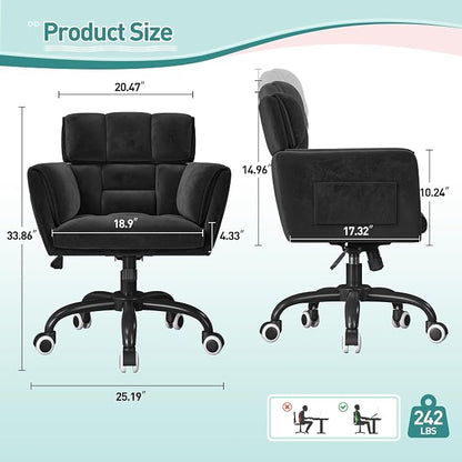 DurayLoly Home Office Chair with Wheels Soft-Touch Material,Modern Cute Vanity Chair with Back Adjustable Height Upholstered Comfy Desk Chairs with Side Pockets for Bedroom,Black