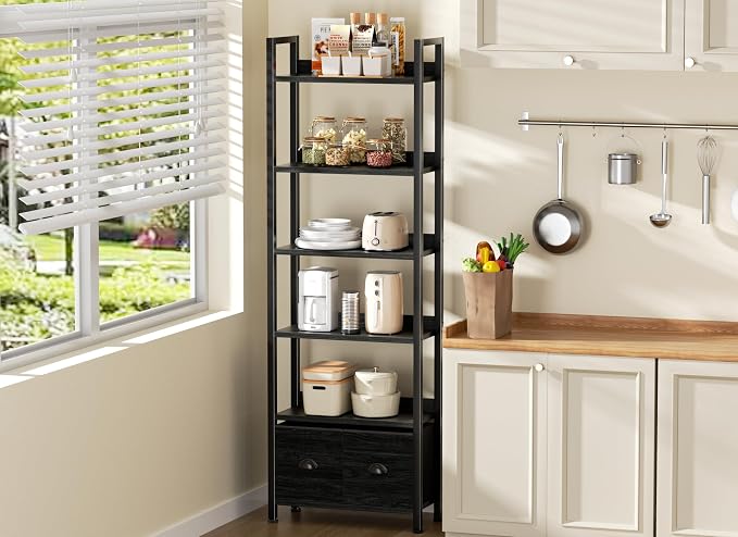 Furologee 6-Tier Bookshelf, Tall Bookcase with 2 Drawers Storage Organizer, Industrial Display Free Standing Shelf Units, Wood and Metal Storage Rack for Home Office, Bedroom, Black Oak