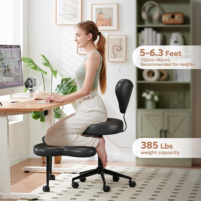 Pinmoco Ergonomic Cross Legged Chair, 360° Swivel Meditation Chair with Wheels, Height Adjustable Seat for ADHD, Strong Lumbar Support, Chic Home Office Furniture, PU Leather, Black