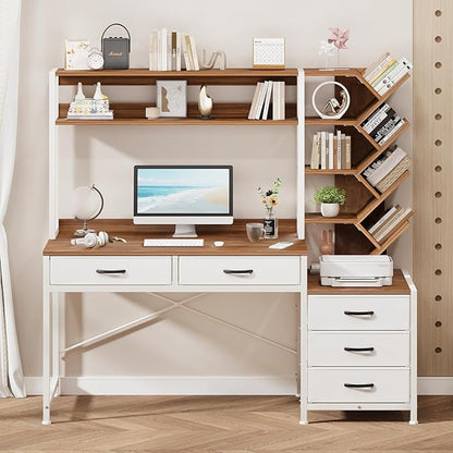 YOMILUVE Reversible Computer Desk with Hutch, Home Office Desk with 5 Drawers and Bookshelf, 52'' Study Writing Desk with Storage Shelves for Bedroom Home Office, Brown and White
