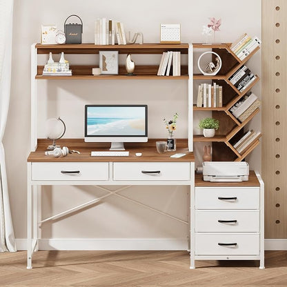 YOMILUVE Reversible Computer Desk with Hutch, Home Office Desk with 5 Drawers and Bookshelf, 52'' Study Writing Desk with Storage Shelves for Bedroom Home Office, Brown and White