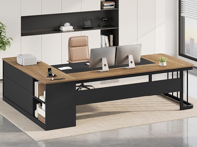 UPOSOJA 78.7" Executive Desk, Large Office Desk with Drawers & Storage Shelves, Modern L Shaped Computer Desk Corner Desk with Power Outlets, File Cabinet, Business Furniture Desk Workstation (Oak)