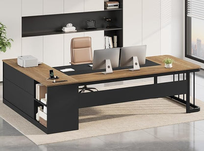UPOSOJA 78.7" Executive Desk, Large Office Desk with Drawers & Storage Shelves, Modern L Shaped Computer Desk Corner Desk with Power Outlets, File Cabinet, Business Furniture Desk Workstation (Oak)