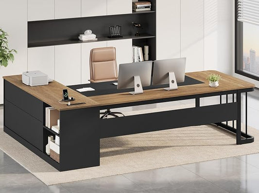 UPOSOJA 78.7" Executive Desk, Large Office Desk with Drawers & Storage Shelves, Modern L Shaped Computer Desk Corner Desk with Power Outlets, File Cabinet, Business Furniture Desk Workstation (Oak)