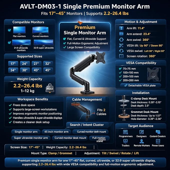 AVLT Single 17"-45" Monitor Arm Desk Mount Premium Mechanical Spring fits One Flat/Curved/Ultrawide Monitor Full Motion Height Swivel Tilt Rotation Adjustable, White