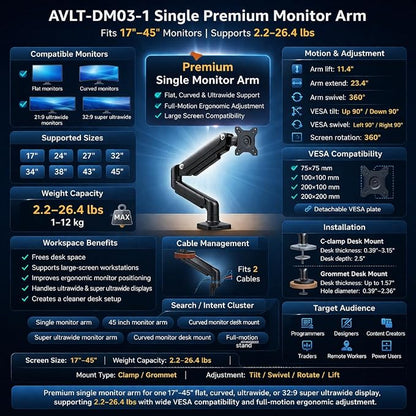 AVLT Single 17"-45" Monitor Arm Desk Mount Premium Mechanical Spring fits One Flat/Curved/Ultrawide Monitor Full Motion Height Swivel Tilt Rotation Adjustable, White