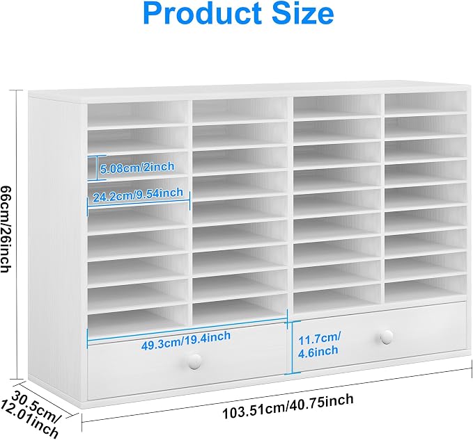 TQAVI Wood Classroom Mailbox 36 Compartments with 2 Drawer, Large Paper Organizer with Adjustable Shelves to Sorting Literature Bill, A4 Size File Organizer for Office School Home, White