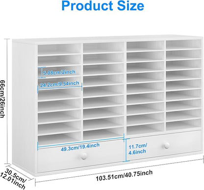 TQAVI Wood Classroom Mailbox 36 Compartments with 2 Drawer, Large Paper Organizer with Adjustable Shelves to Sorting Literature Bill, A4 Size File Organizer for Office School Home, White