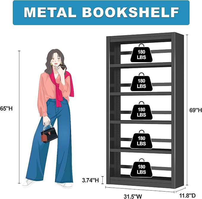 69" Tall Bookcase, Metal 6 Tier Bookshelf, Adjustable Industrial Bookshelf, Easy Assembly Modern Open Black Storage Shelf for Office, Bedroom, Living Room, Classroom, Library