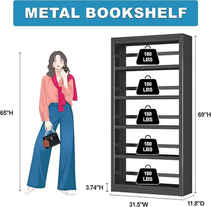 69" Tall Bookcase, Metal 6 Tier Bookshelf, Adjustable Industrial Bookshelf, Easy Assembly Modern Open Black Storage Shelf for Office, Bedroom, Living Room, Classroom, Library