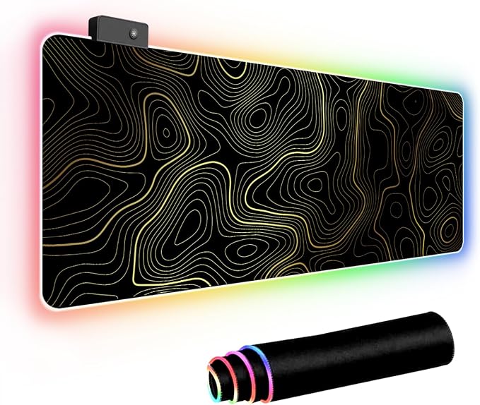 RGB Mouse Pad LED Desk Mat Large Gaming Mousepad Black and Gold Line Design, Keyboard Pad XL Mouse Mat for Home and Office (Black with Gold Topographic Line)