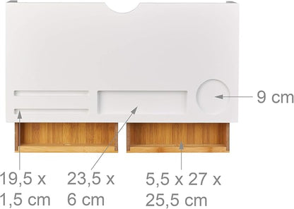 Relaxdays Bamboo PC Monitor Stand, Screen Riser with 2 Drawers & Compartments, Computer Workstation HWD 14 x 60 x 30 cm, White/Natural