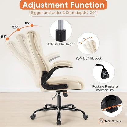 Sweetcrispy Office Executive Chair - Heavy Duty High Back Home Desk Chair with Flip-up Armrest, PU Leather, Height Adjustable & Swivel Rolling with Wheels, Beige
